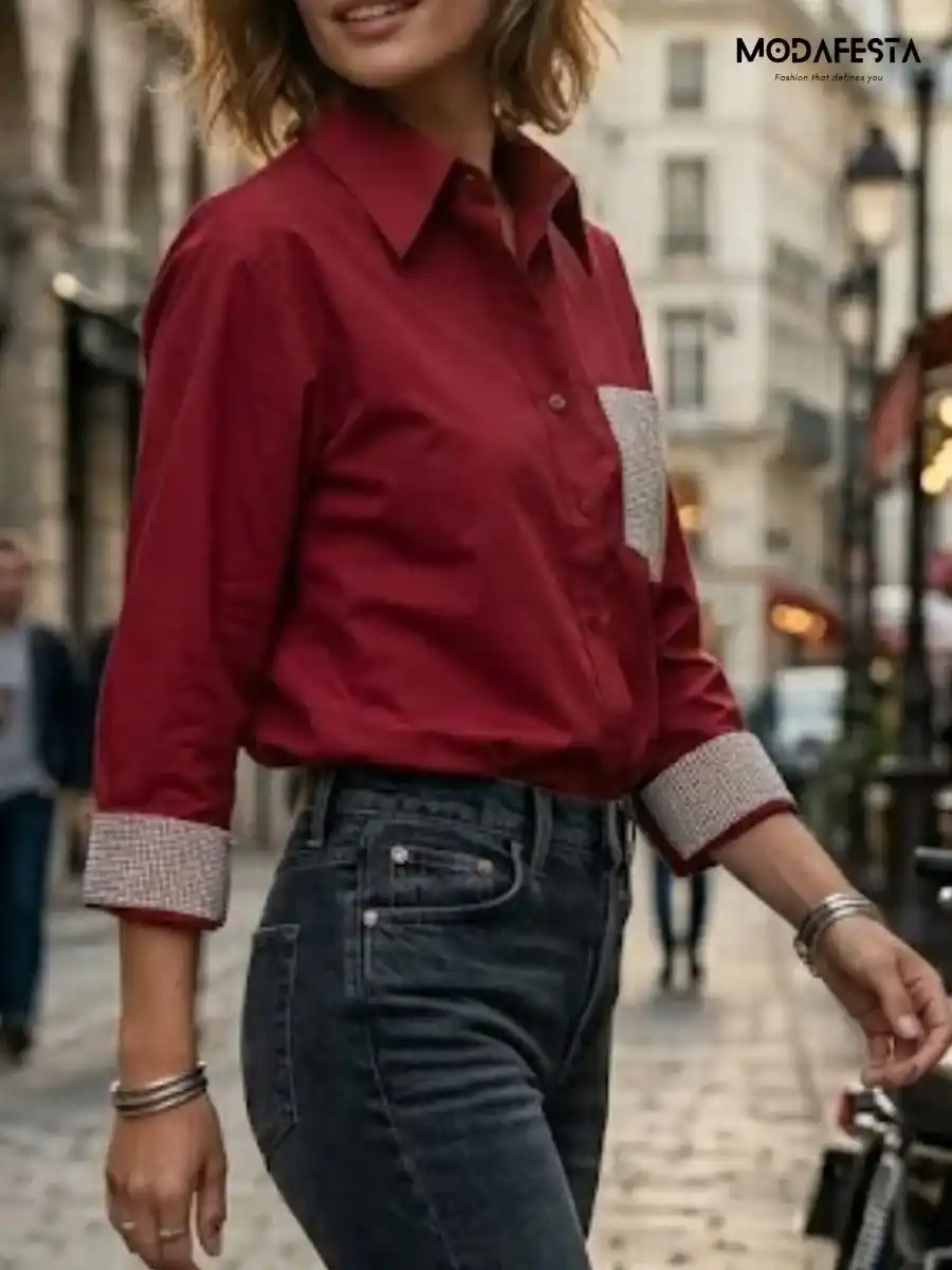 ModaFesta -elegant shirt-sequence-on-pocket-and-cuff-red
